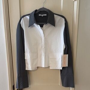 NWT! Sweet Rain Gray and White Cropped Button Down Shirt